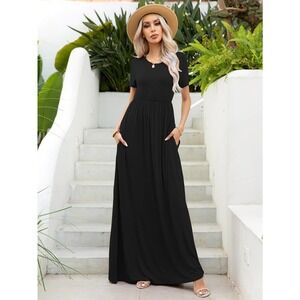 short sleeve Solid Hidden Pocket Maxi Dress